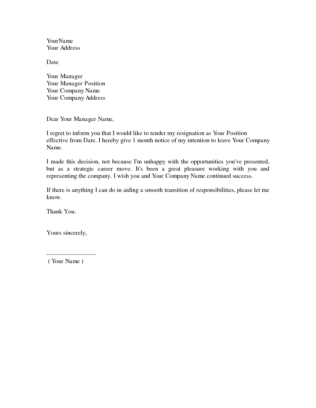 Professional Letter Of Resignation Template
