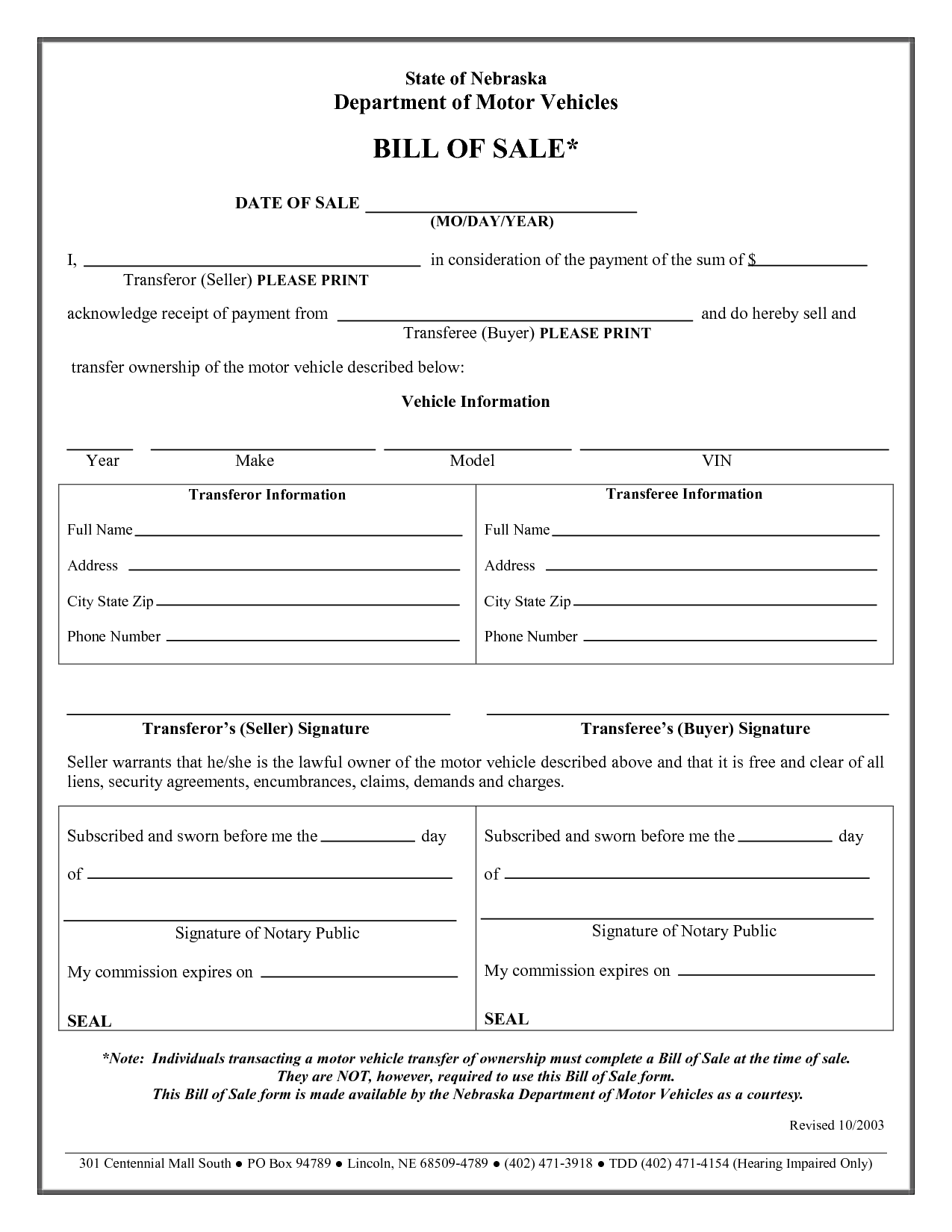 free vehicle bill of sale template for car